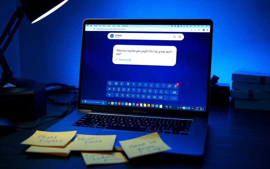 Laptop showing an AI chat prompt window surrounded by idea sticky notes