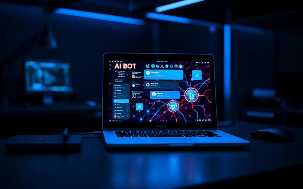 Laptop displaying an AI chatbot interface with glowing neural network visuals