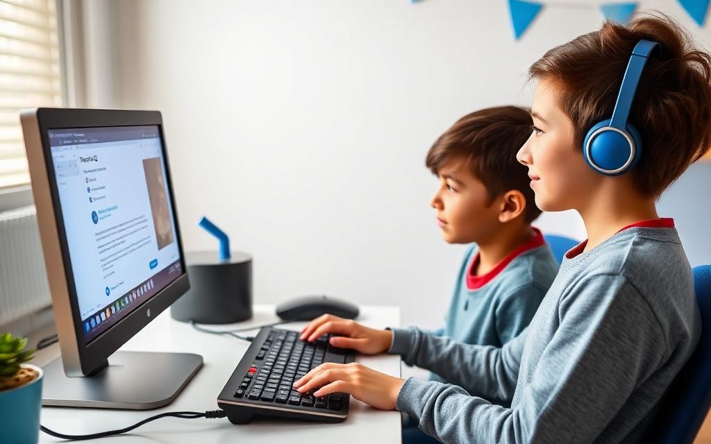 Student learning basic computer skills on a desktop PC with keyboard and mouse