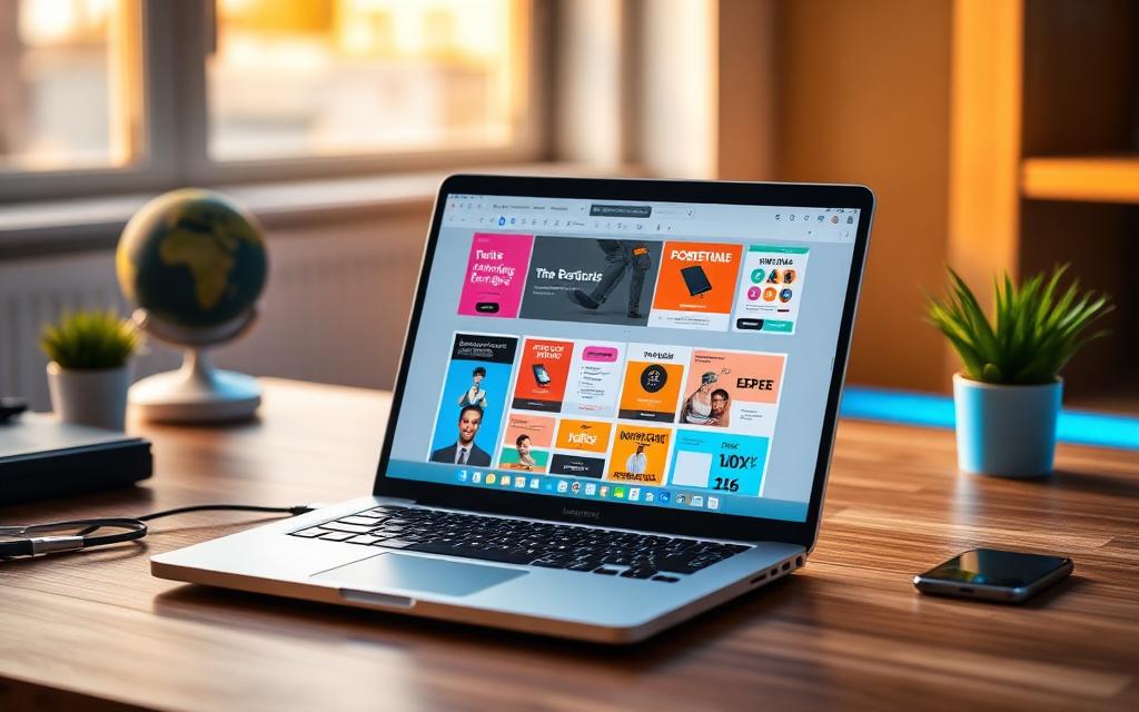 Laptop on a desk showing colourful Canva poster and brand kit designs