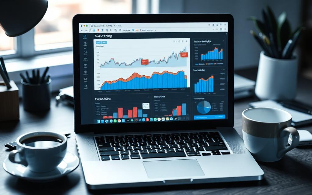 Marketing workspace with a laptop showing a social media analytics dashboard