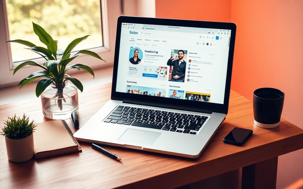 Freelancer's home laptop setup showing a freelancing marketplace profile