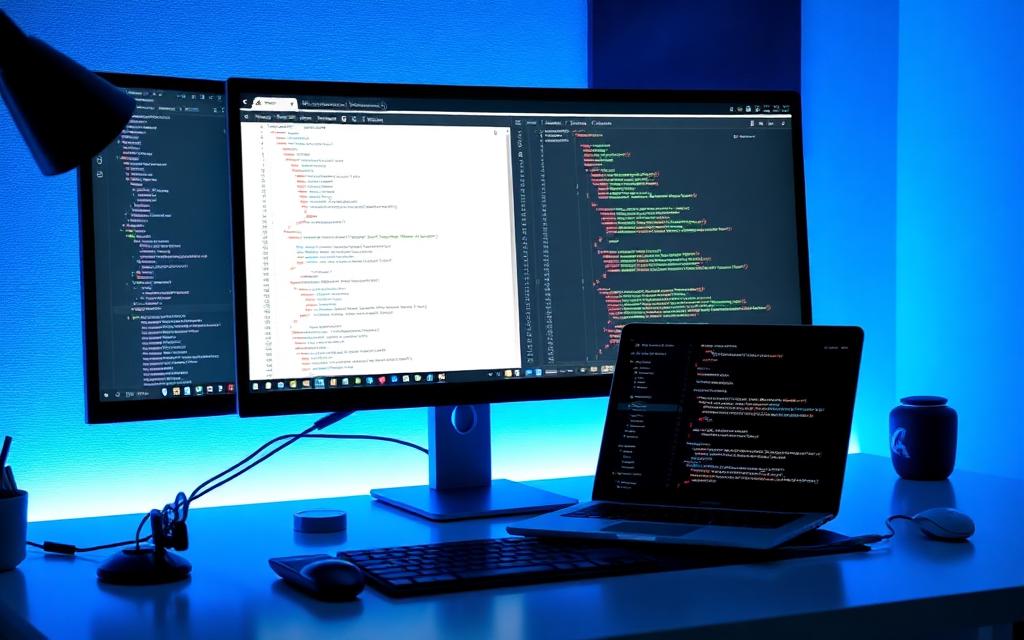 Developer desk setup with monitor and laptop showing HTML, CSS and JavaScript code