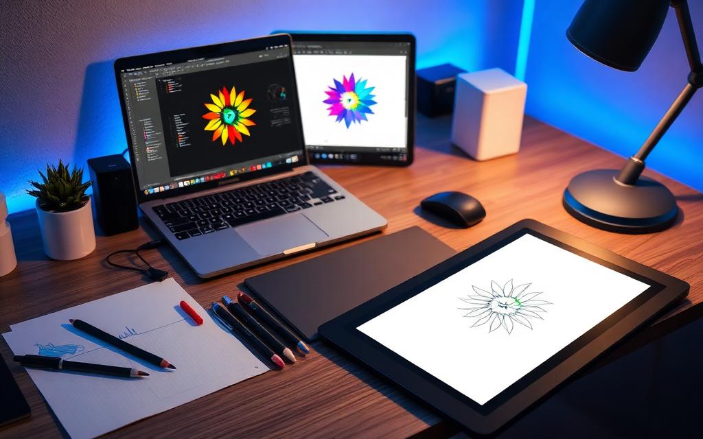 Graphic designer's desk with a laptop and drawing tablet showing a logo design