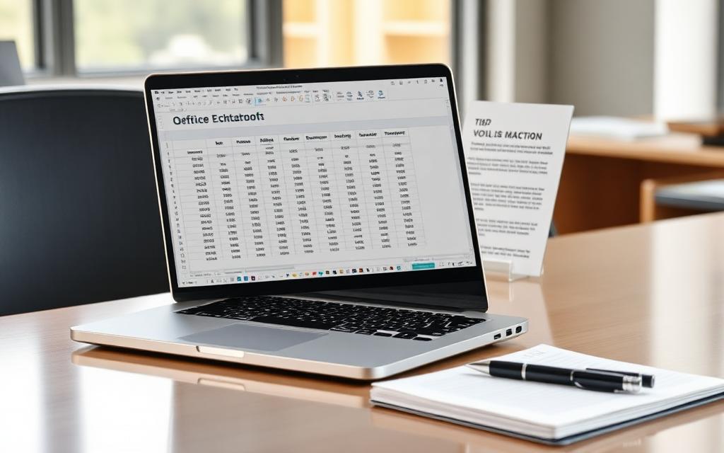 Laptop on an office desk showing a spreadsheet with charts and a word document