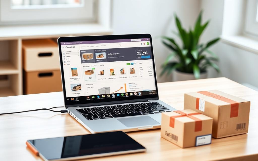 Ecommerce desk setup with a laptop showing an online store dashboard and shipping boxes