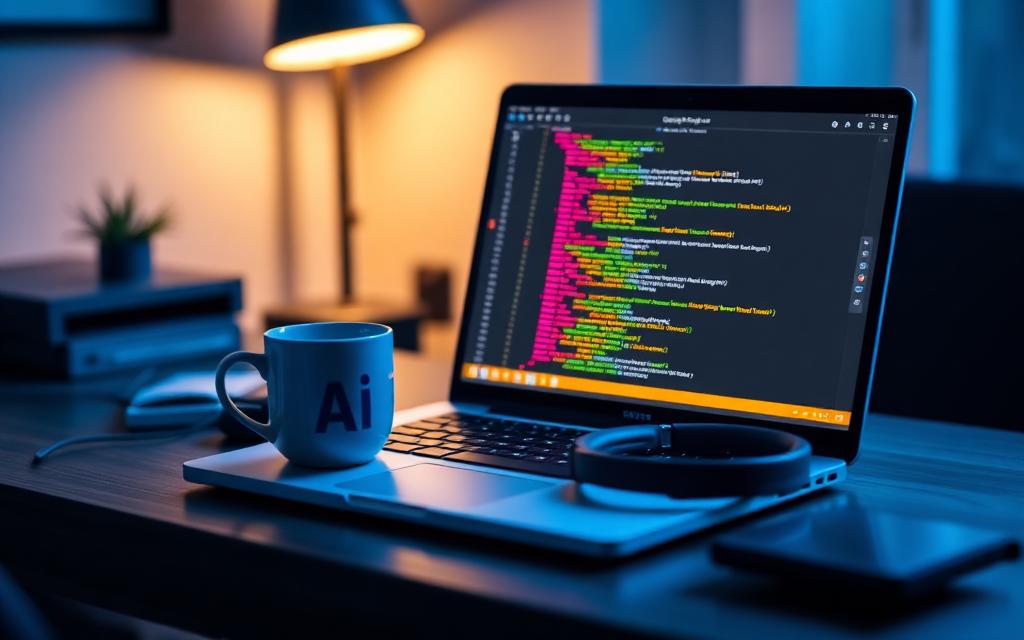 Personal laptop setup with an AI code editor open and colourful code on screen